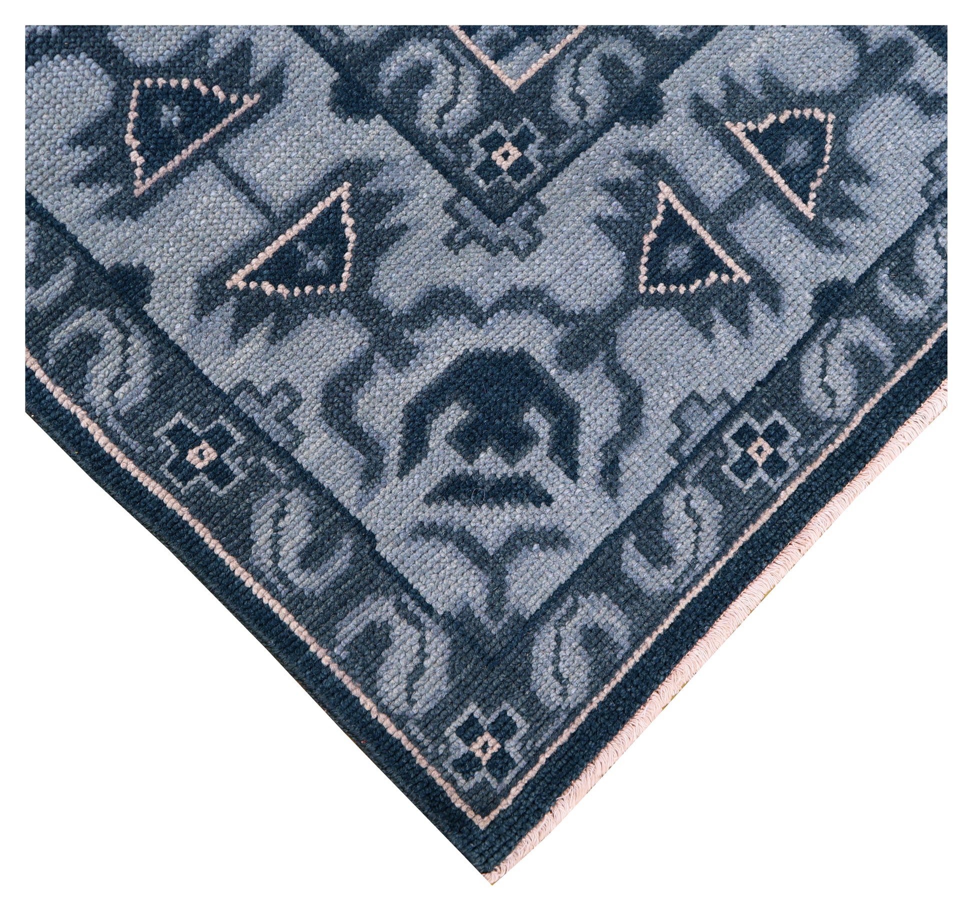 Navy Powder Blue Geometric Khotan Hexagonal Trellis Wool Hand Knotted Traditional 7x10 Area Rug
