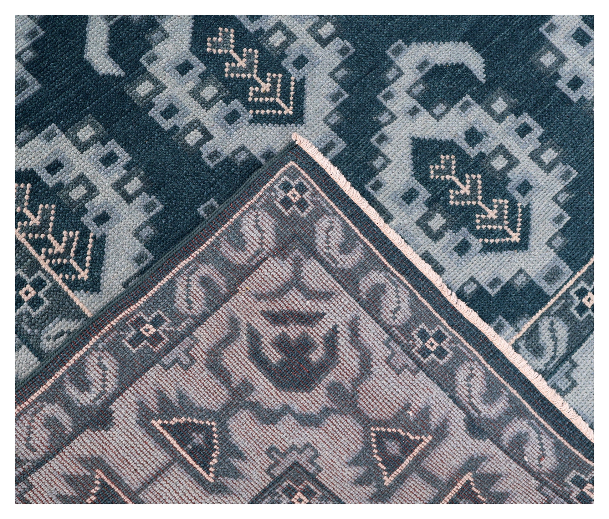 Navy Powder Blue Geometric Khotan Hexagonal Trellis Wool Hand Knotted Traditional 7x10 Area Rug