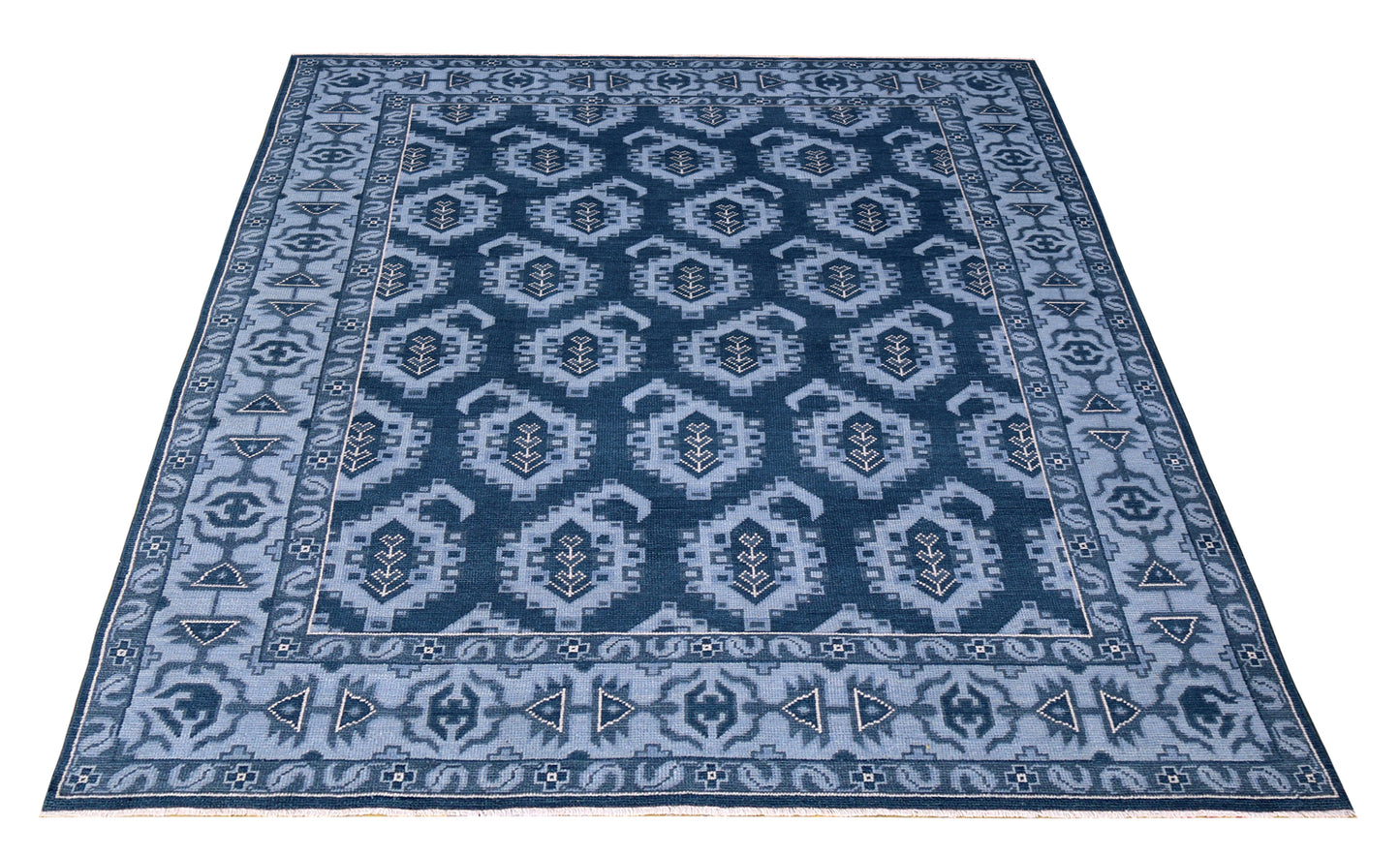 Navy Powder Blue Geometric Khotan Hexagonal Trellis Wool Hand Knotted Traditional 7x10 Area Rug