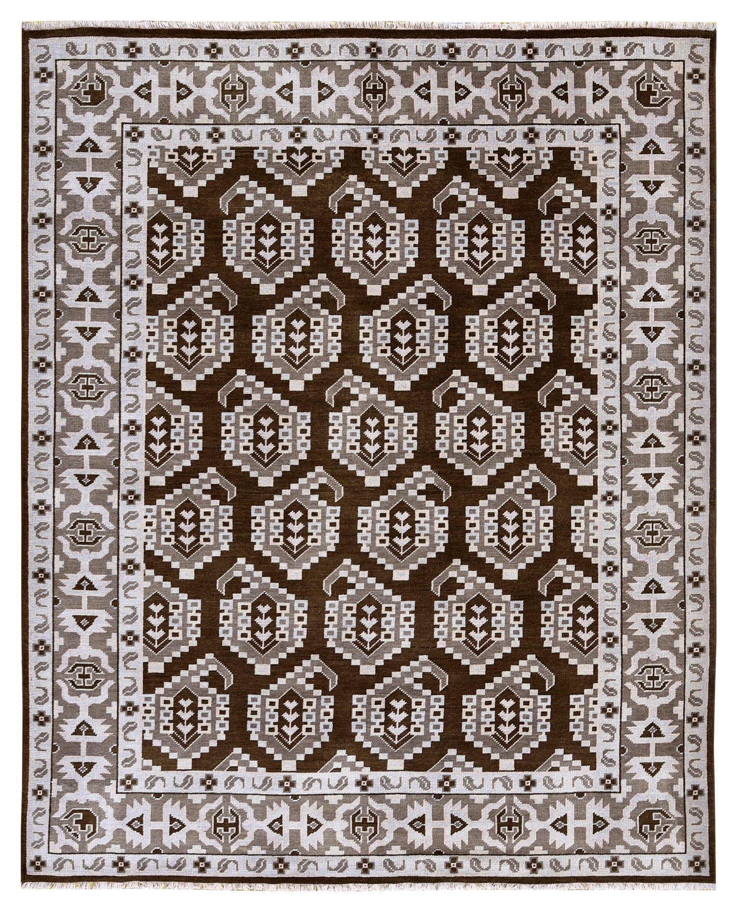 Brown Ivory Tan Geometric Khotan Hexagonal Trellis Wool Hand Knotted Traditional 8x10 Area Rug