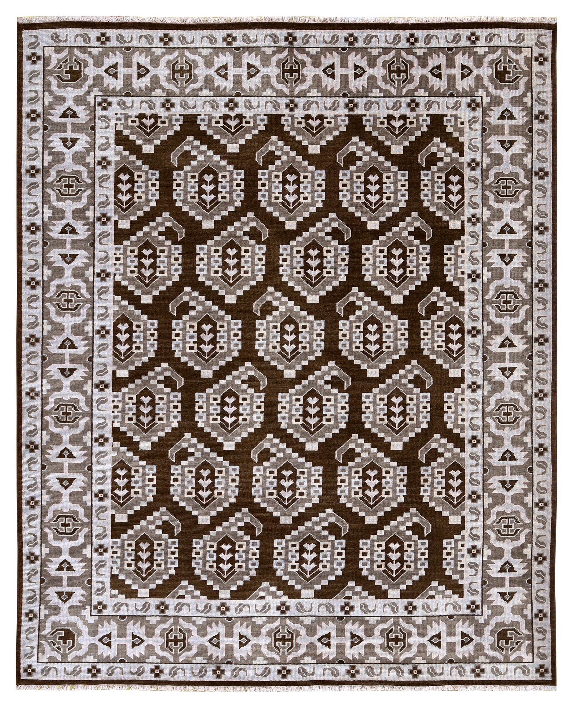 Brown Ivory Tan Geometric Khotan Hexagonal Trellis Wool Hand Knotted Traditional 8x10 Area Rug