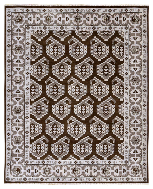 Brown Ivory Tan Geometric Khotan Hexagonal Trellis Wool Hand Knotted Traditional 8x10 Area Rug