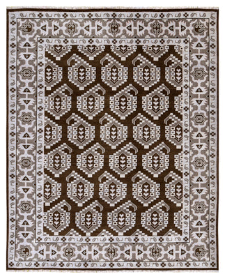 Brown Ivory Tan Geometric Khotan Hexagonal Trellis Wool Hand Knotted Traditional 8x10 Area Rug