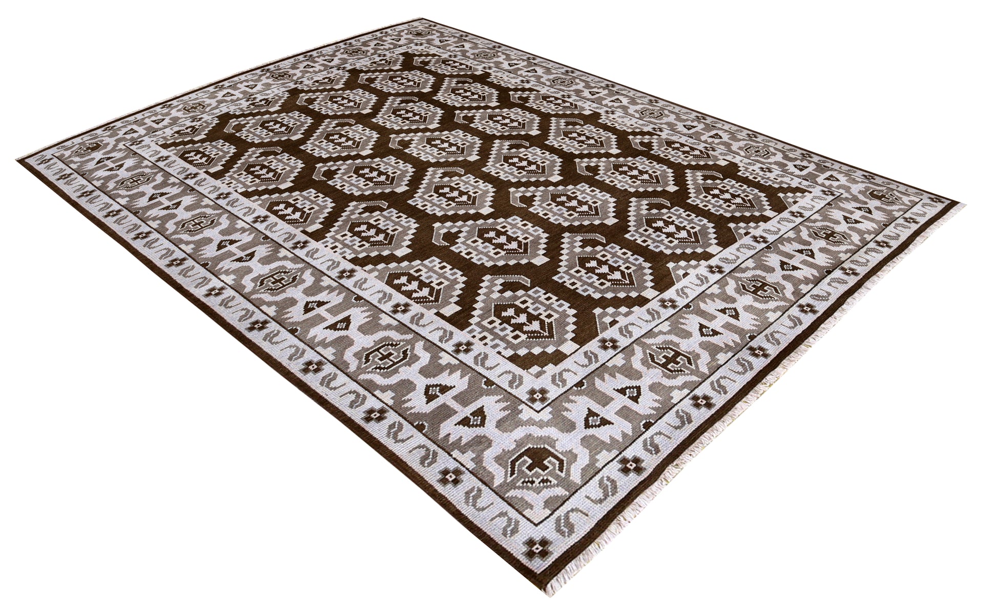 Brown Ivory Tan Geometric Khotan Hexagonal Trellis Wool Hand Knotted Traditional 8x10 Area Rug