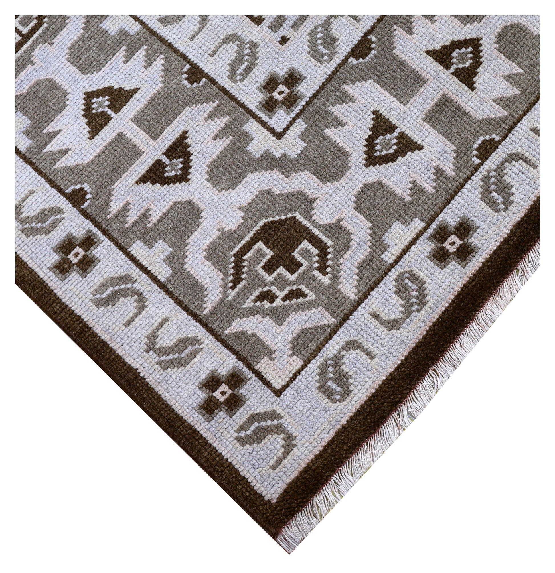 Brown Ivory Tan Geometric Khotan Hexagonal Trellis Wool Hand Knotted Traditional 8x10 Area Rug