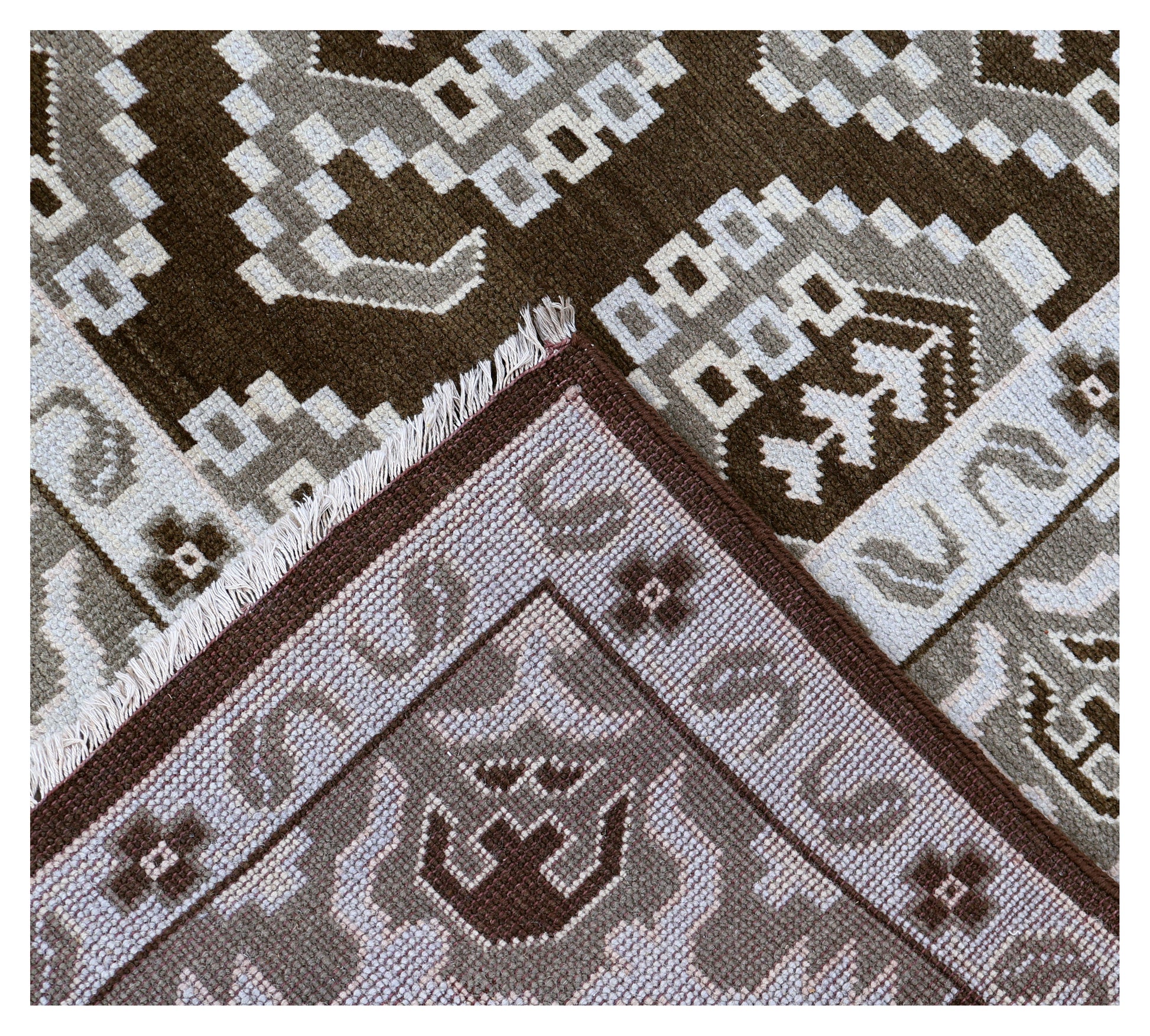 Brown Ivory Tan Geometric Khotan Hexagonal Trellis Wool Hand Knotted Traditional 8x10 Area Rug