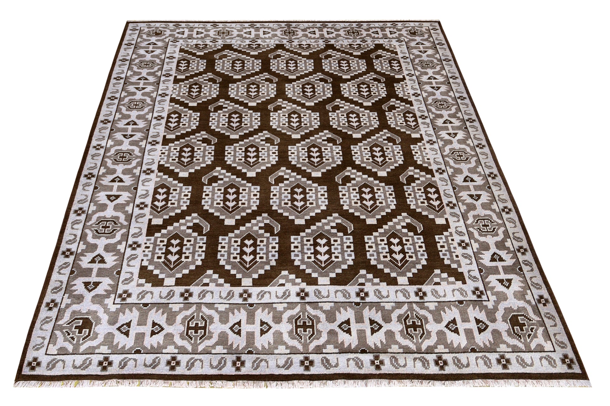 Brown Ivory Tan Geometric Khotan Hexagonal Trellis Wool Hand Knotted Traditional 8x10 Area Rug