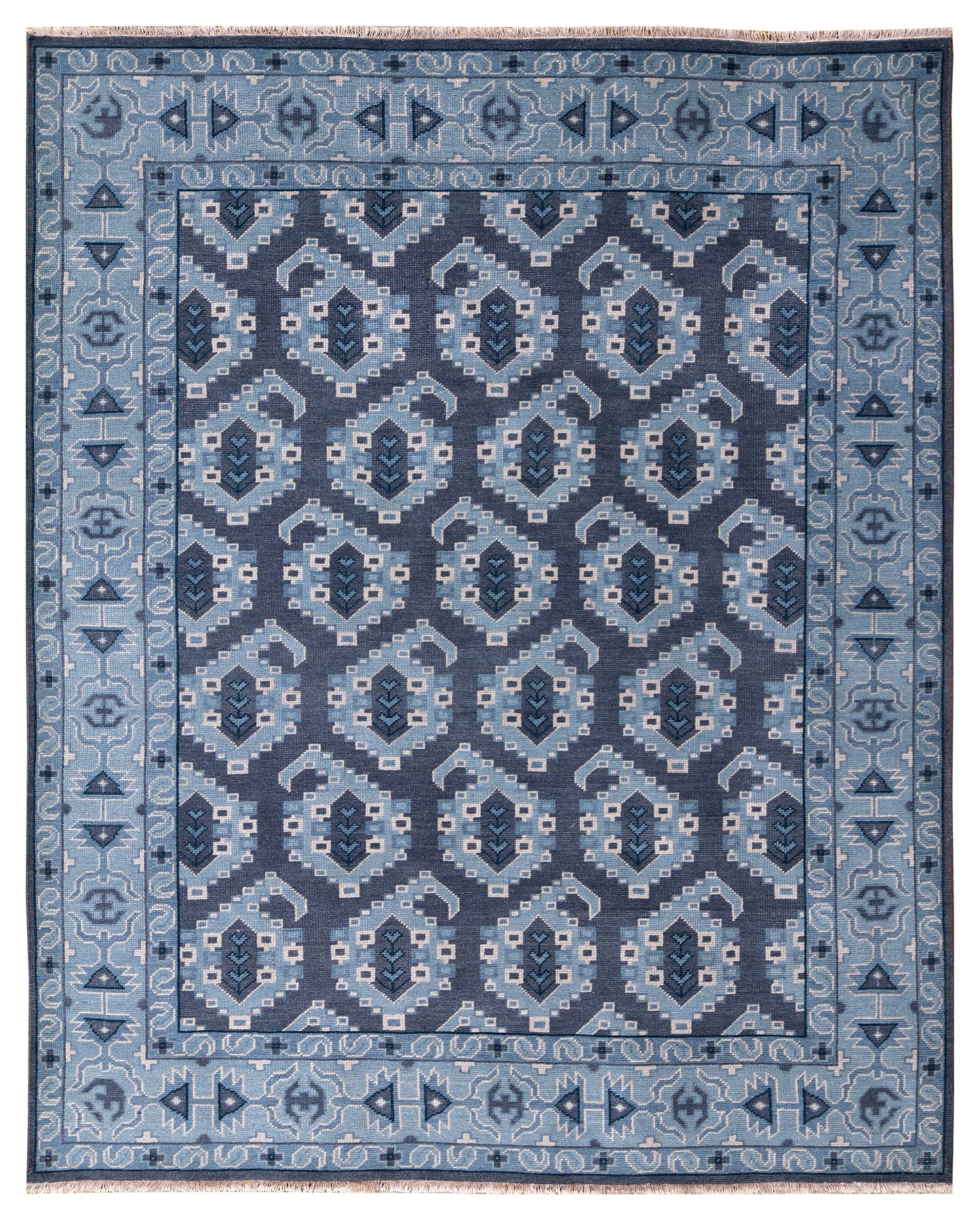 Navy Blue Geometric Khotan Hexagonal Trellis Wool Hand Knotted Traditional 8x10 Area Rug