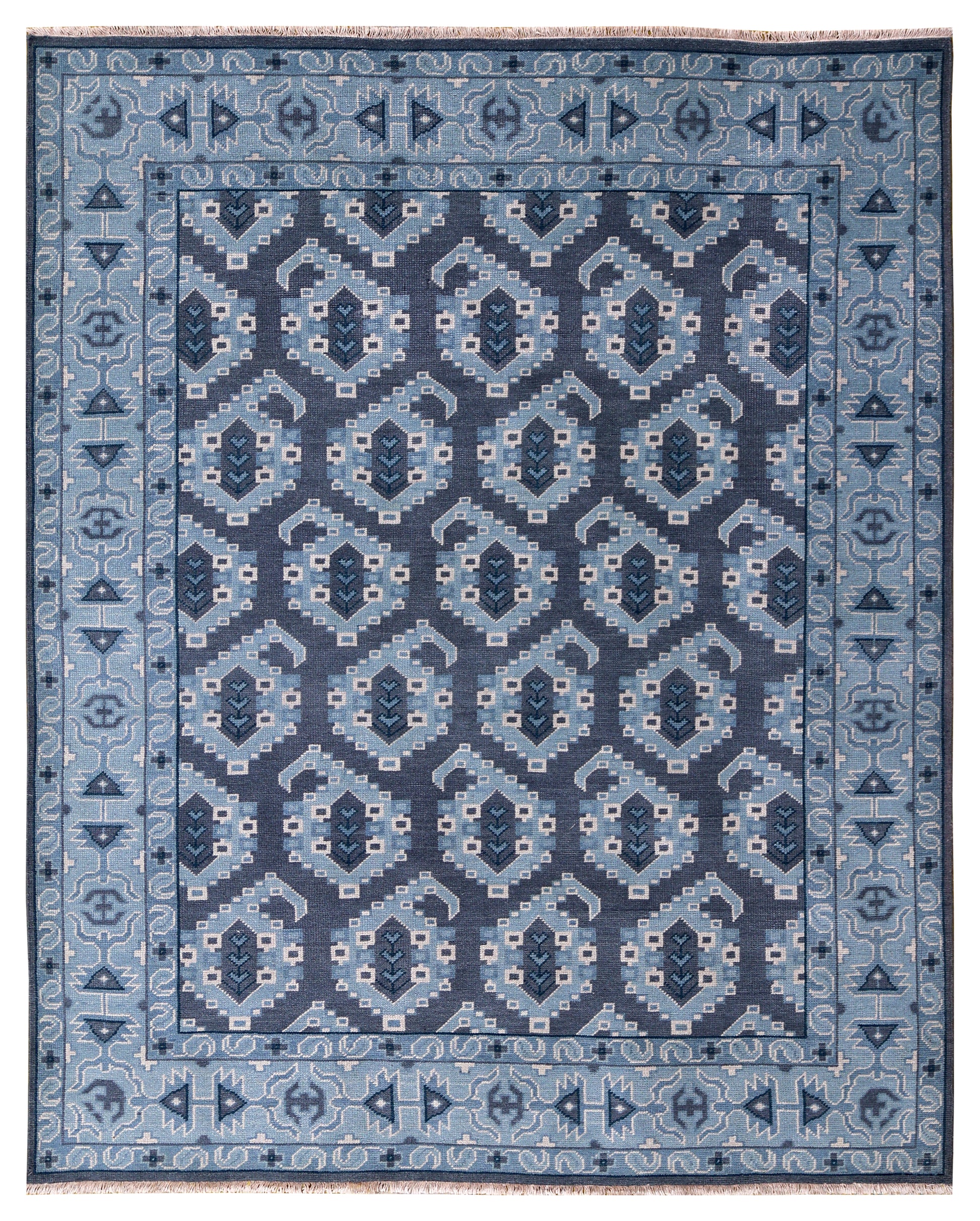 Navy Blue Geometric Khotan Hexagonal Trellis Wool Hand Knotted Traditional 8x10 Area Rug
