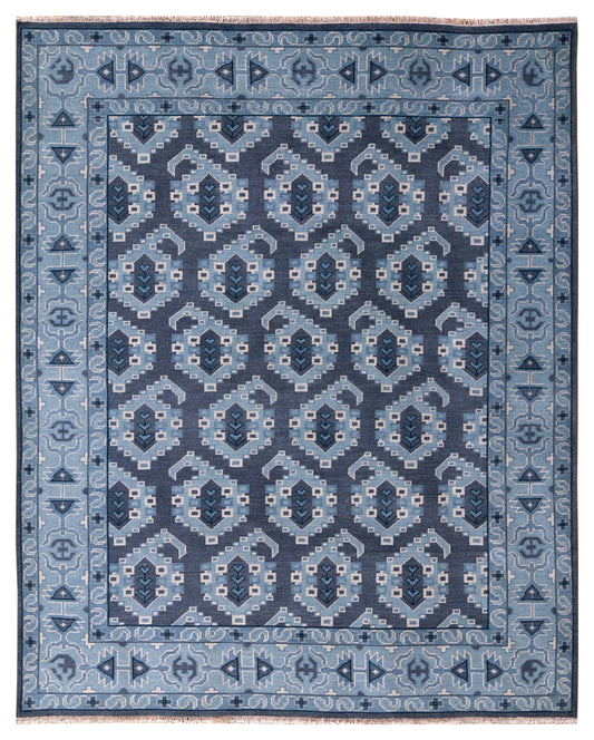 Navy Blue Geometric Khotan Hexagonal Trellis Wool Hand Knotted Traditional 8x10 Area Rug