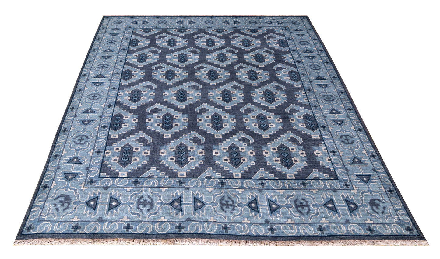 Navy Blue Geometric Khotan Hexagonal Trellis Wool Hand Knotted Traditional 8x10 Area Rug