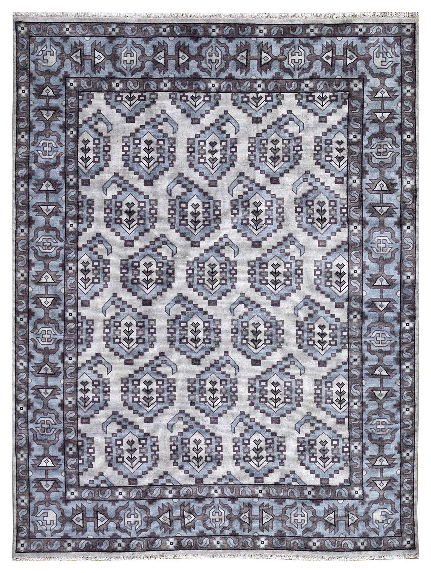 Ivory Powder Blue Grey Kazak Geometric Ogee Medallion Wool Hand Knotted Traditional 8x10 Area Rug