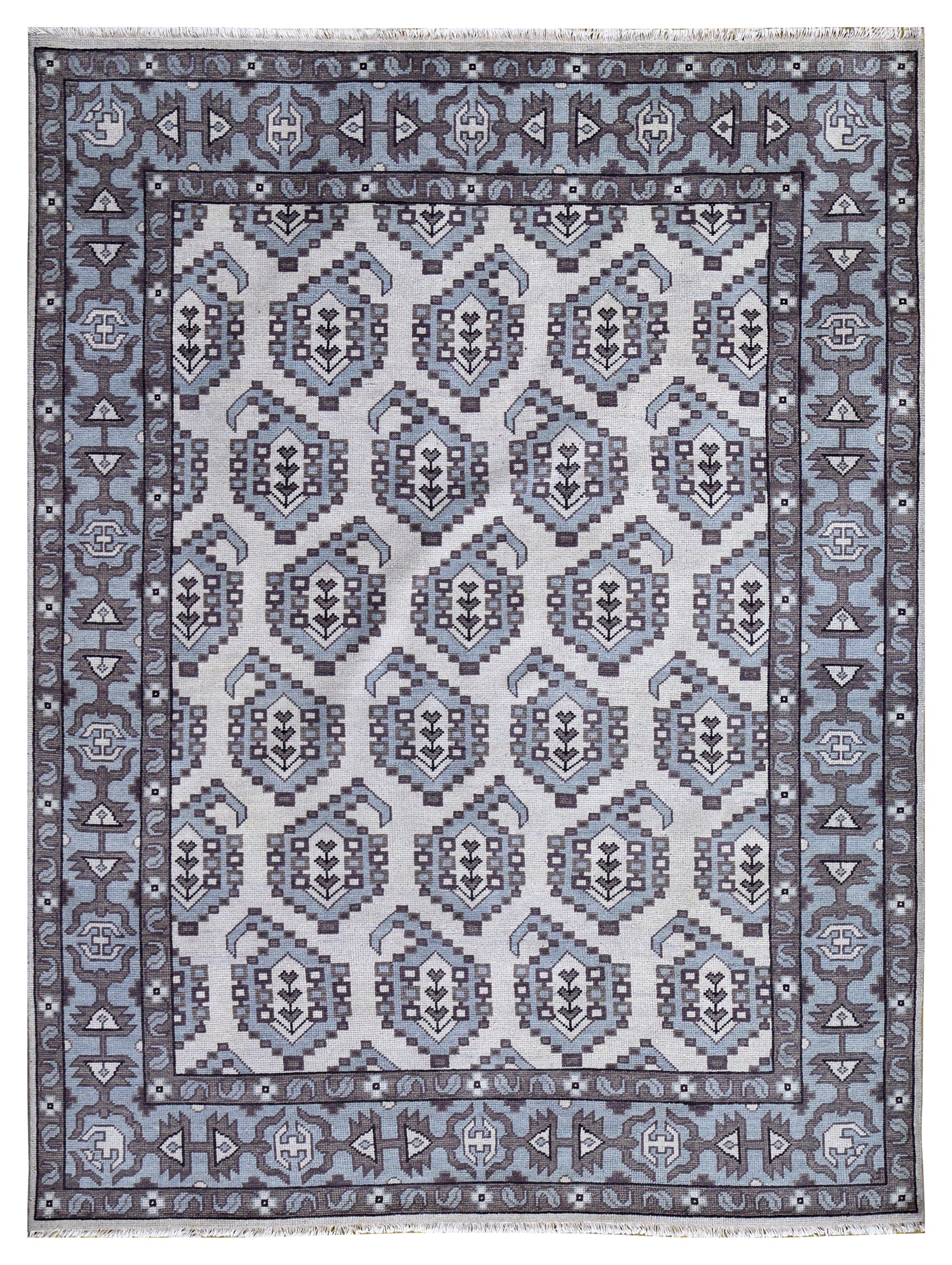 Ivory Powder Blue Grey Kazak Geometric Ogee Medallion Wool Hand Knotted Traditional 8x10 Area Rug