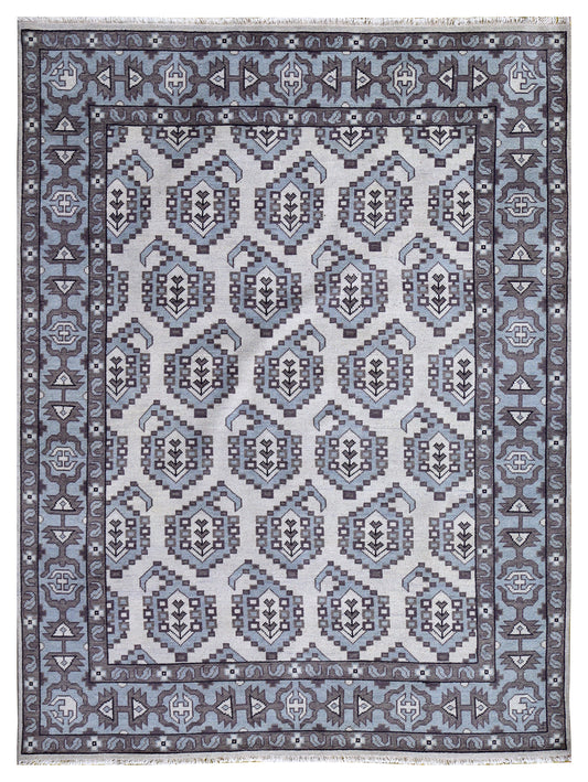 Ivory Powder Blue Grey Kazak Geometric Ogee Medallion Wool Hand Knotted Traditional 8x10 Area Rug