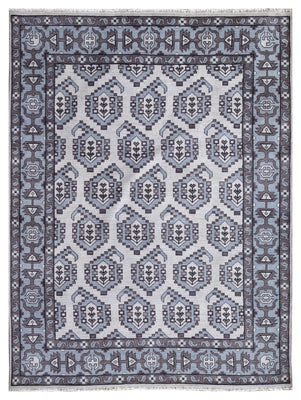 Ivory Powder Blue Grey Kazak Geometric Ogee Medallion Wool Hand Knotted Traditional 8x10 Area Rug