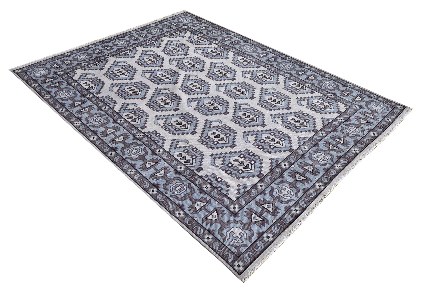 Ivory Powder Blue Grey Kazak Geometric Ogee Medallion Wool Hand Knotted Traditional 8x10 Area Rug