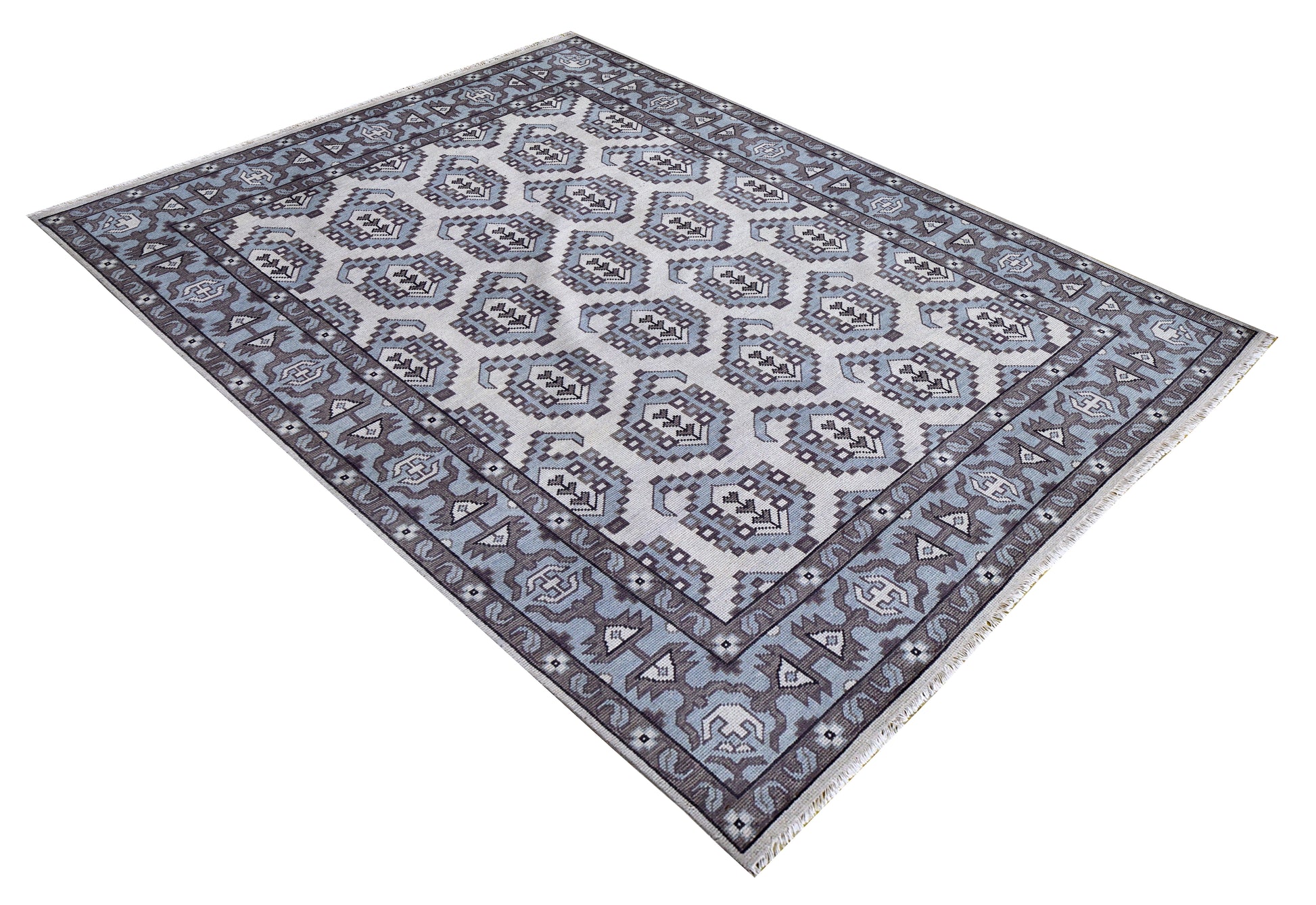 Ivory Powder Blue Grey Kazak Geometric Ogee Medallion Wool Hand Knotted Traditional 8x10 Area Rug