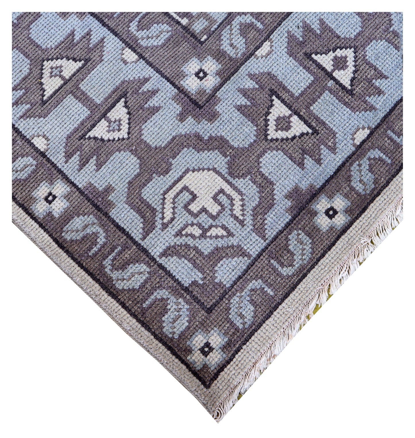 Ivory Powder Blue Grey Kazak Geometric Ogee Medallion Wool Hand Knotted Traditional 8x10 Area Rug