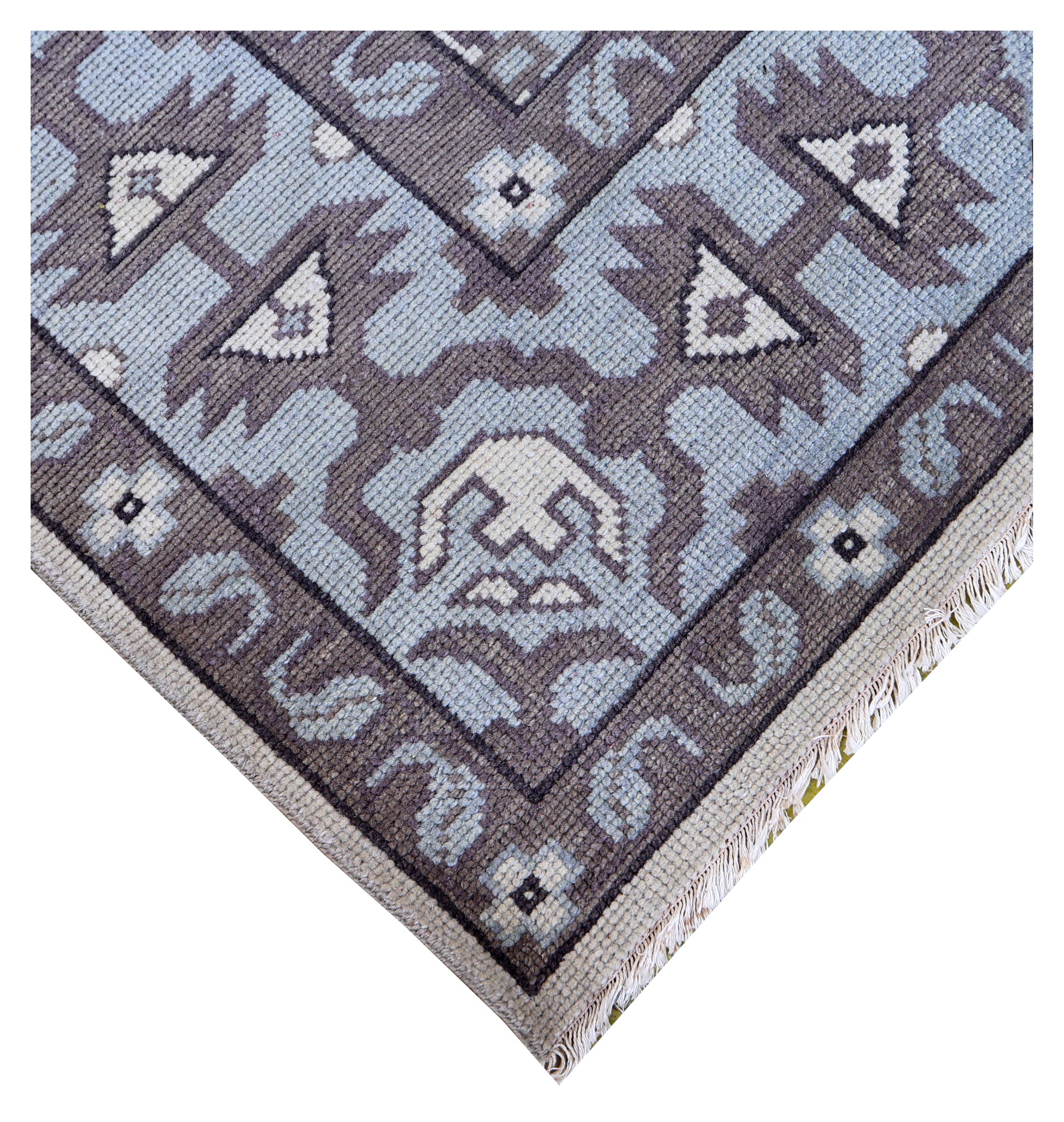 Ivory Powder Blue Grey Kazak Geometric Ogee Medallion Wool Hand Knotted Traditional 8x10 Area Rug