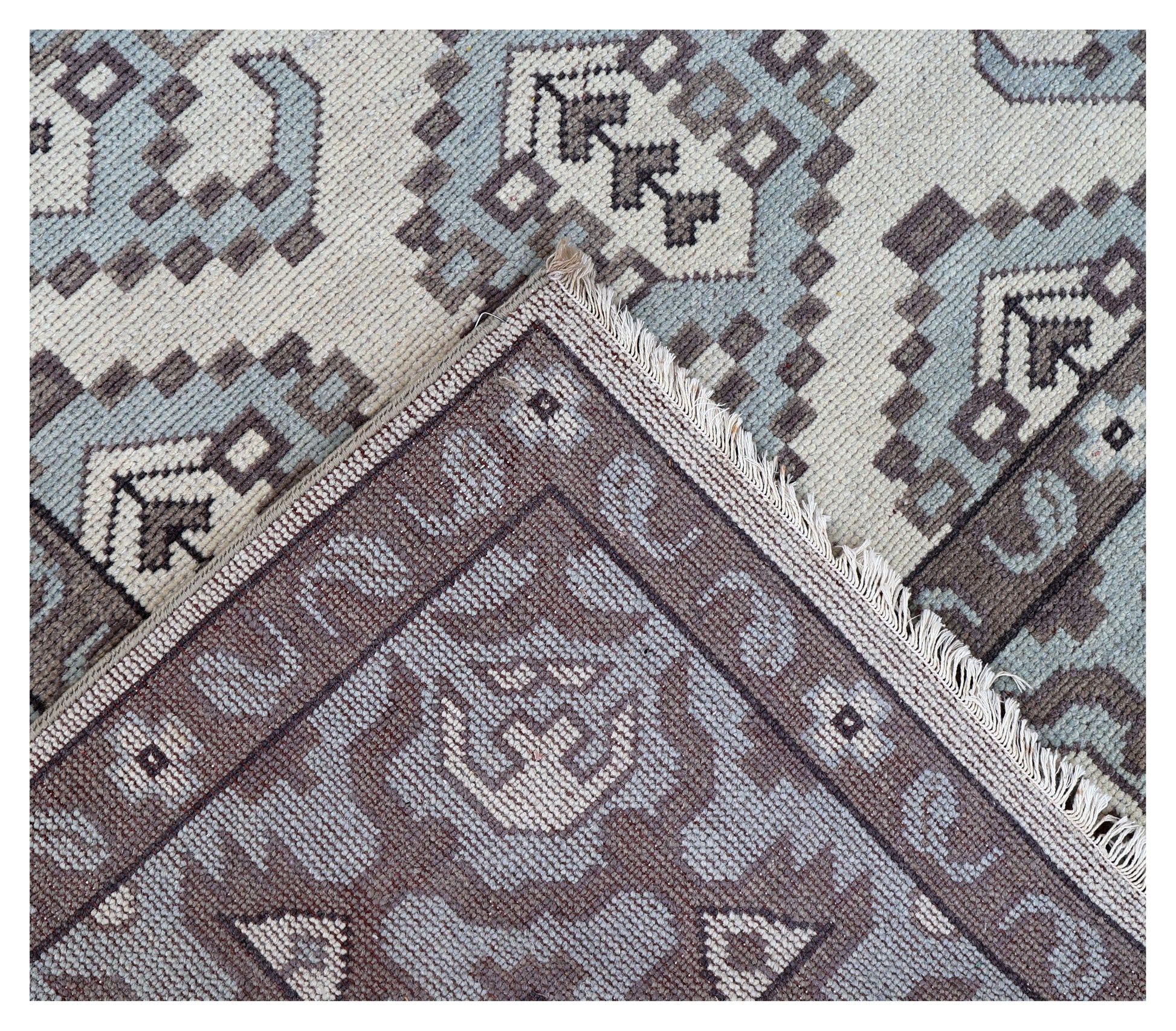 Ivory Powder Blue Grey Kazak Geometric Ogee Medallion Wool Hand Knotted Traditional 8x10 Area Rug