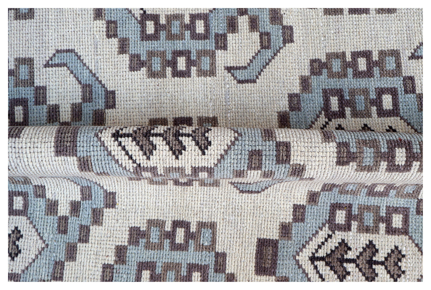 Ivory Powder Blue Grey Kazak Geometric Ogee Medallion Wool Hand Knotted Traditional 8x10 Area Rug