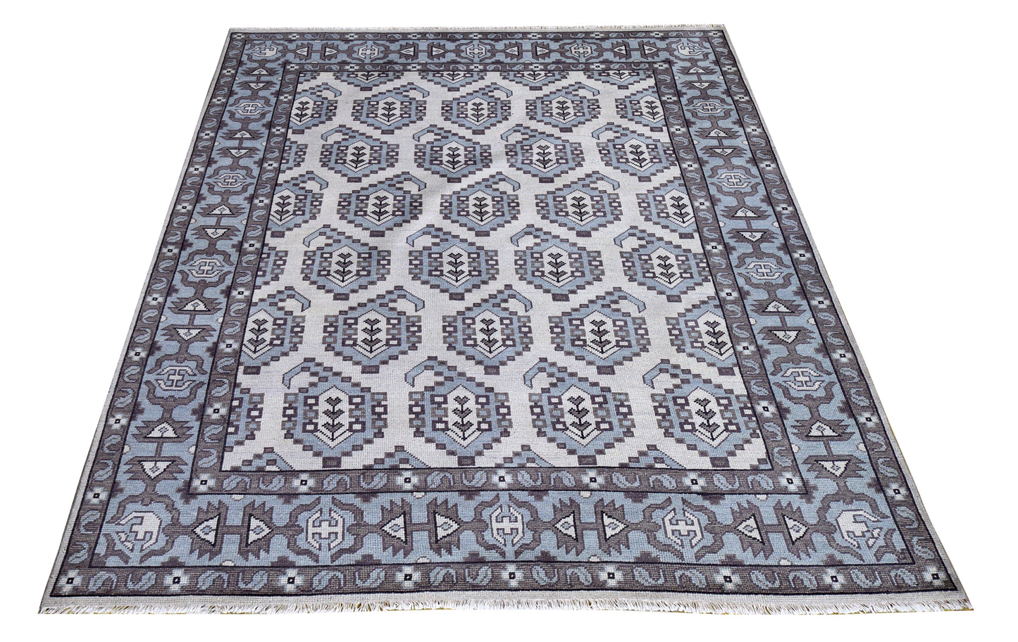 Ivory Powder Blue Grey Kazak Geometric Ogee Medallion Wool Hand Knotted Traditional 8x10 Area Rug