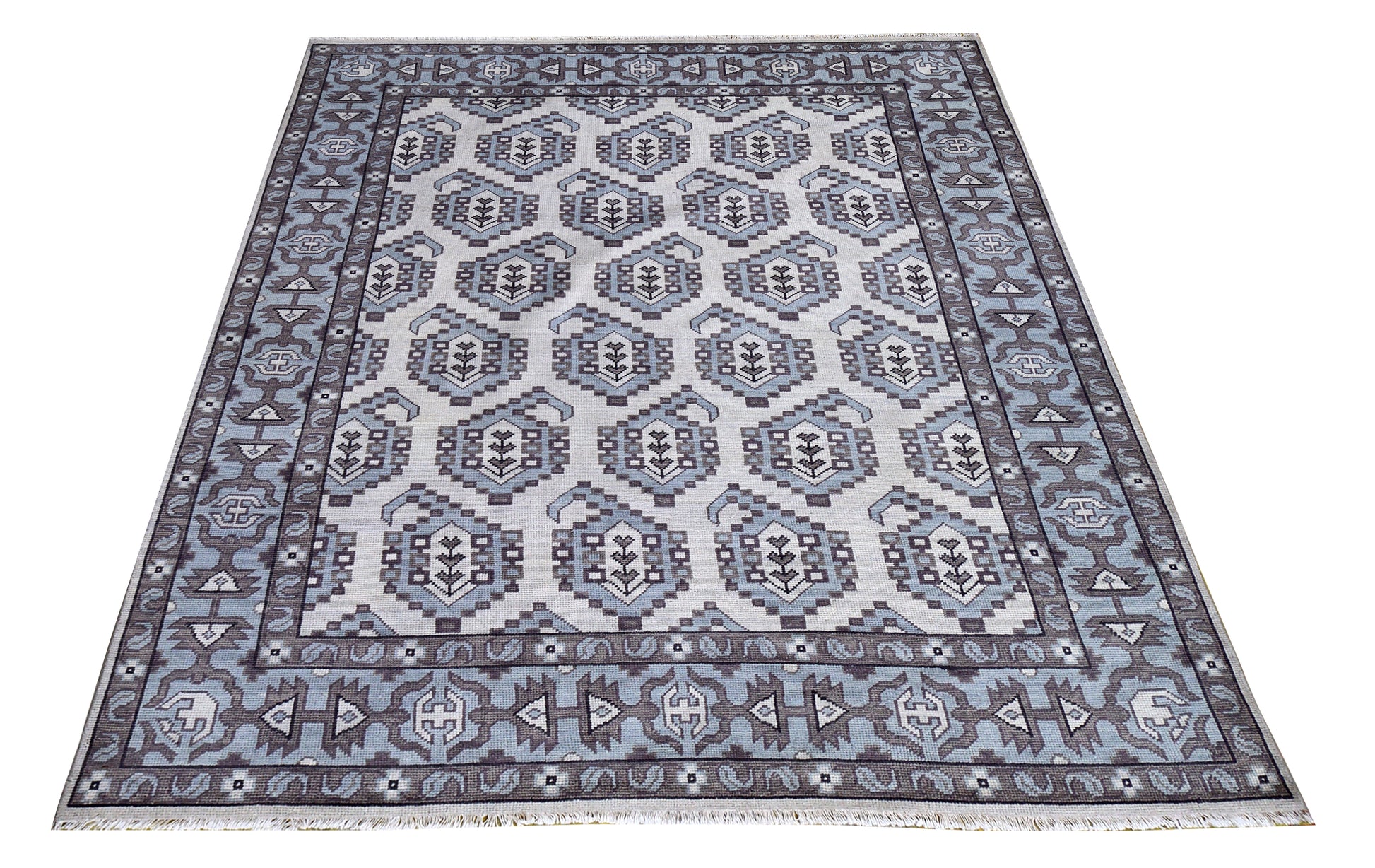 Ivory Powder Blue Grey Kazak Geometric Ogee Medallion Wool Hand Knotted Traditional 8x10 Area Rug