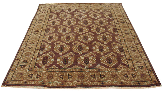 Beige Brown Gold 8x10 Hand Knotted Wool Area Rug - Vintage Antique Turkmen Bokhara Tribal