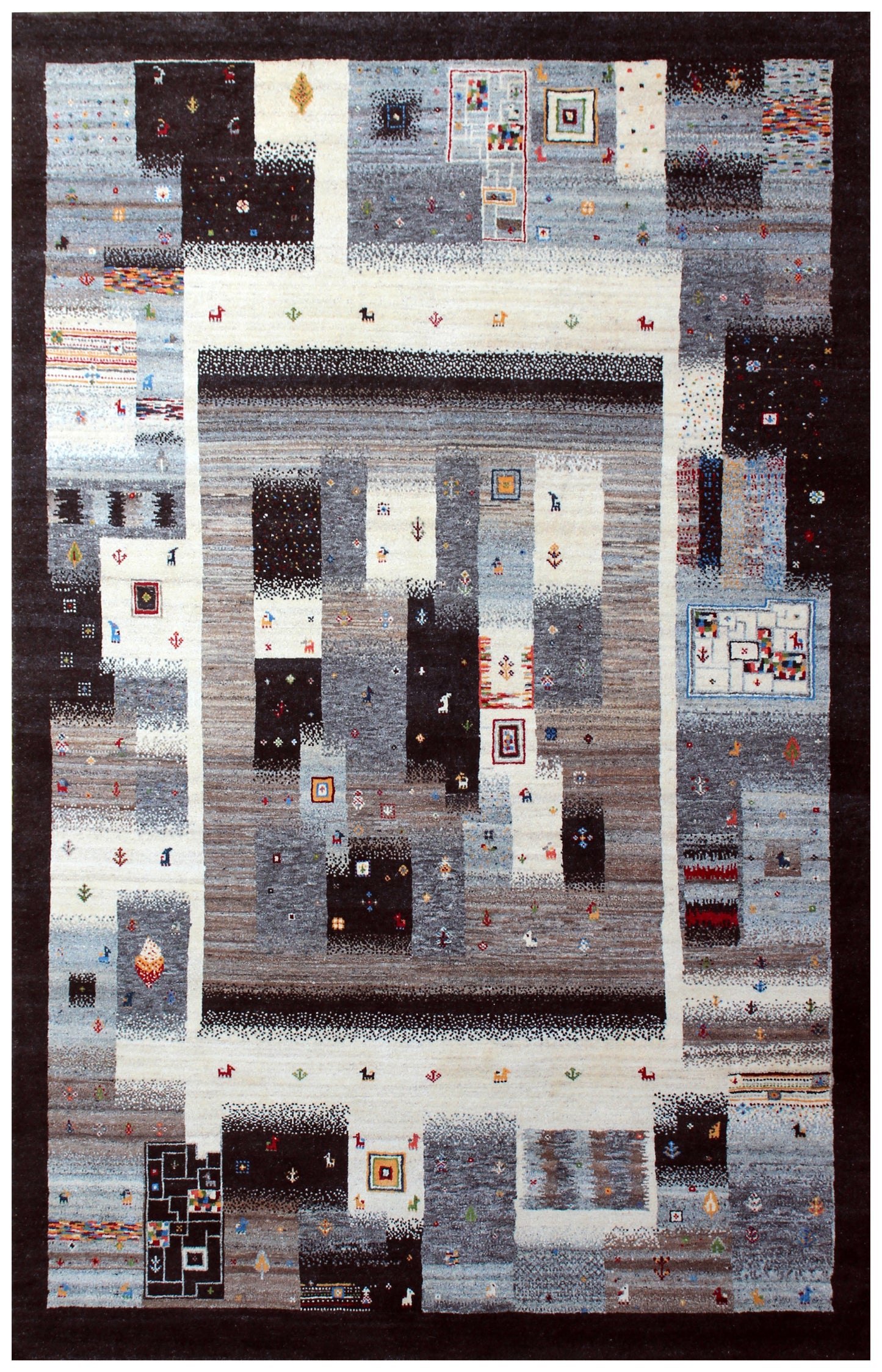 Ivory Grey Brown Gabbeh Patchwork 5.6x8 Area Rug - Hand Knotted