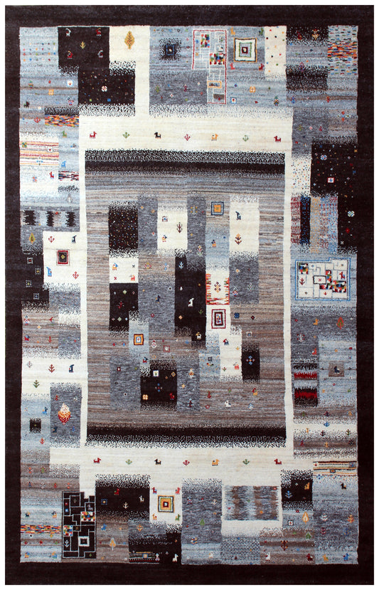 Ivory Grey Brown Gabbeh Patchwork 5.6x8 Area Rug - Hand Knotted