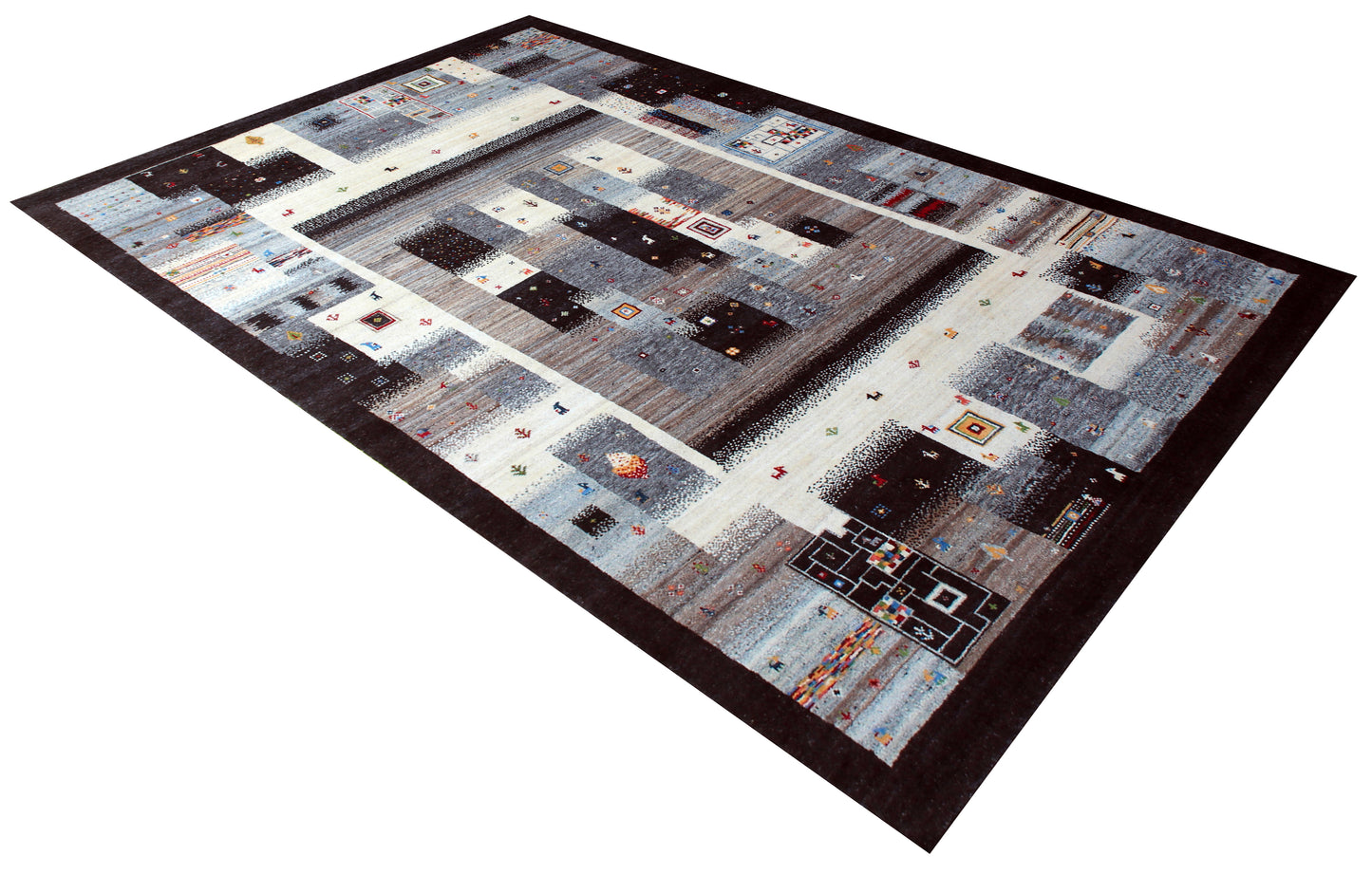 Ivory Grey Brown Gabbeh Patchwork 5.6x8 Area Rug - Hand Knotted