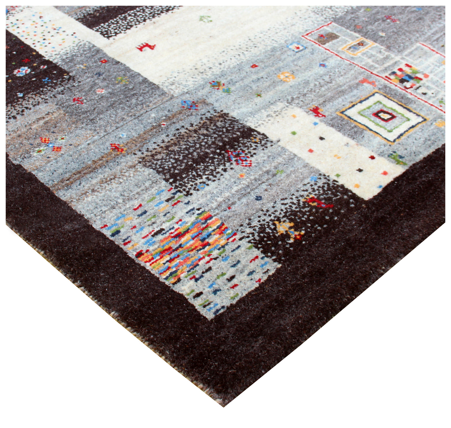 Ivory Grey Brown Gabbeh Patchwork 5.6x8 Area Rug - Hand Knotted