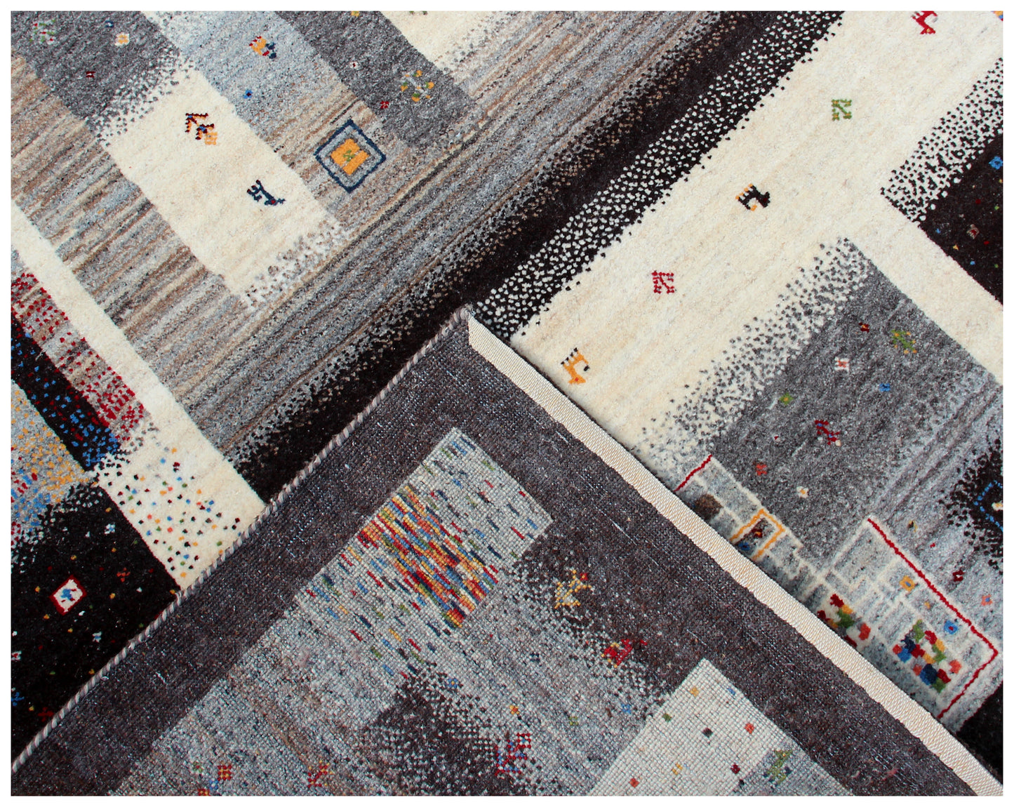 Ivory Grey Brown Gabbeh Patchwork 5.6x8 Area Rug - Hand Knotted