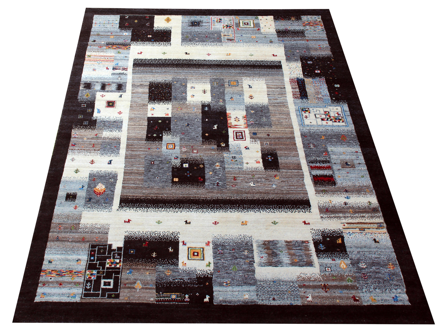 Ivory Grey Brown Gabbeh Patchwork 5.6x8 Area Rug - Hand Knotted