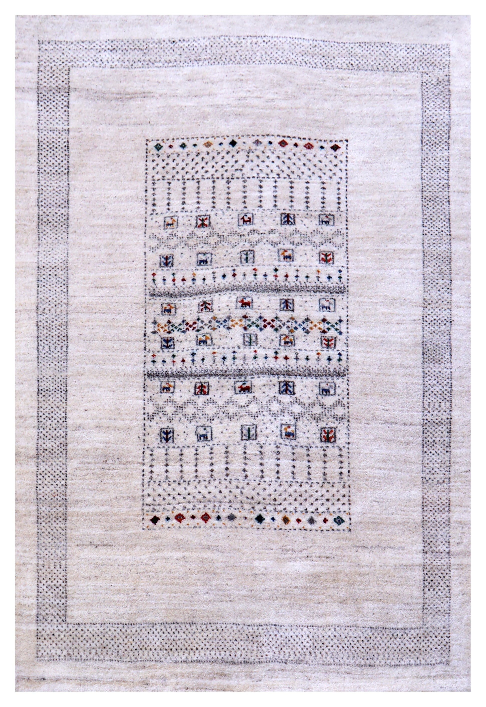 Ivory White Gabbeh Pictorial Panel Hand Knotted Wool Traditional 4x6 Area Rug