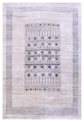 Ivory White Gabbeh Pictorial Panel Hand Knotted Wool Traditional 4x6 Area Rug