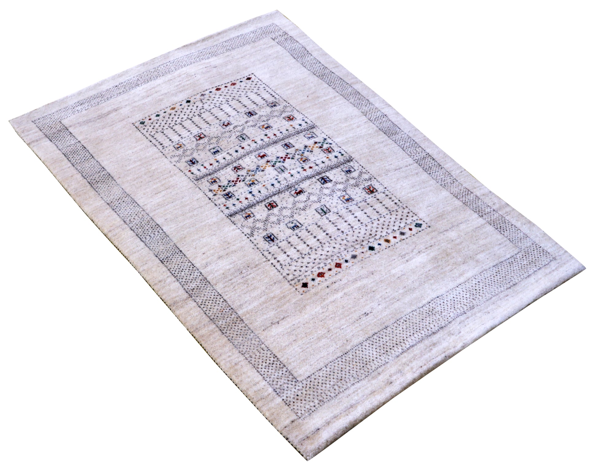 Ivory White Gabbeh Pictorial Panel Hand Knotted Wool Traditional 4x6 Area Rug