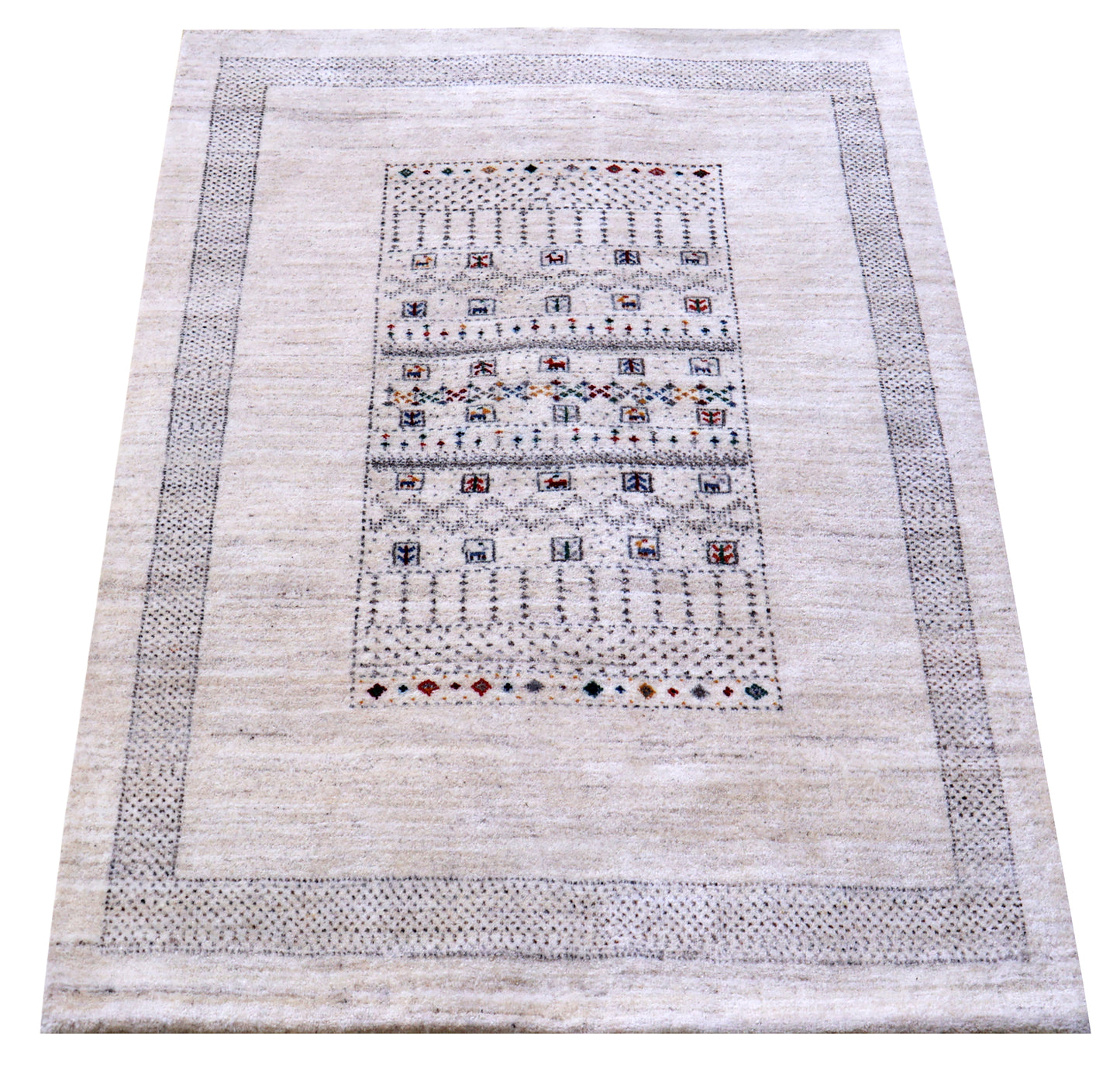 Ivory White Gabbeh Pictorial Panel Hand Knotted Wool Traditional 4x6 Area Rug
