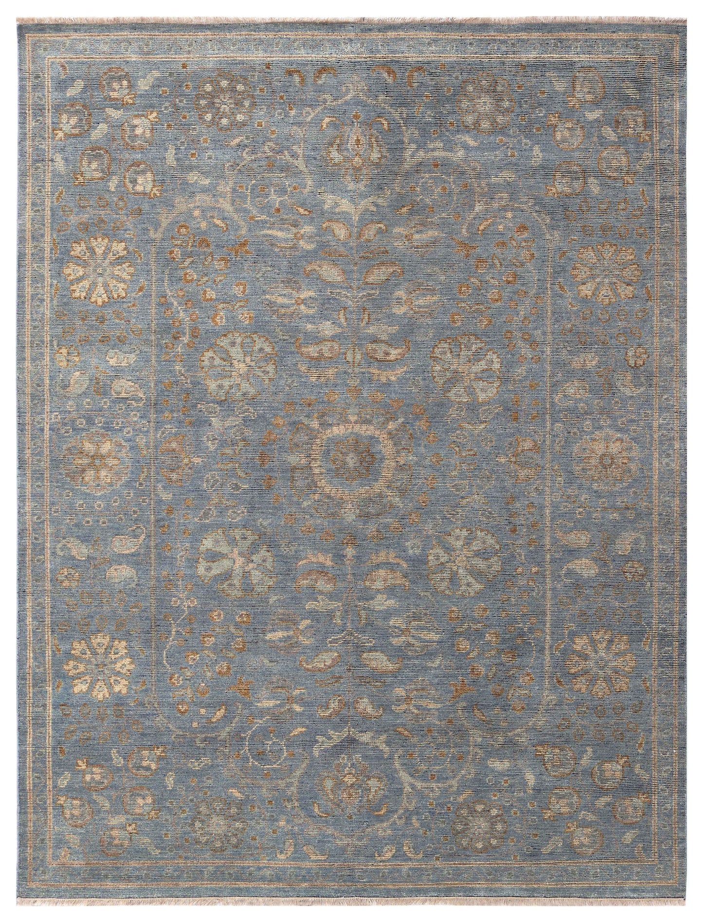 Slate Blue Denim Ivory Gold Taupe Mughal Floral Vine Hand Knotted Wool Silk 8x10 Bhadohi Area Rug