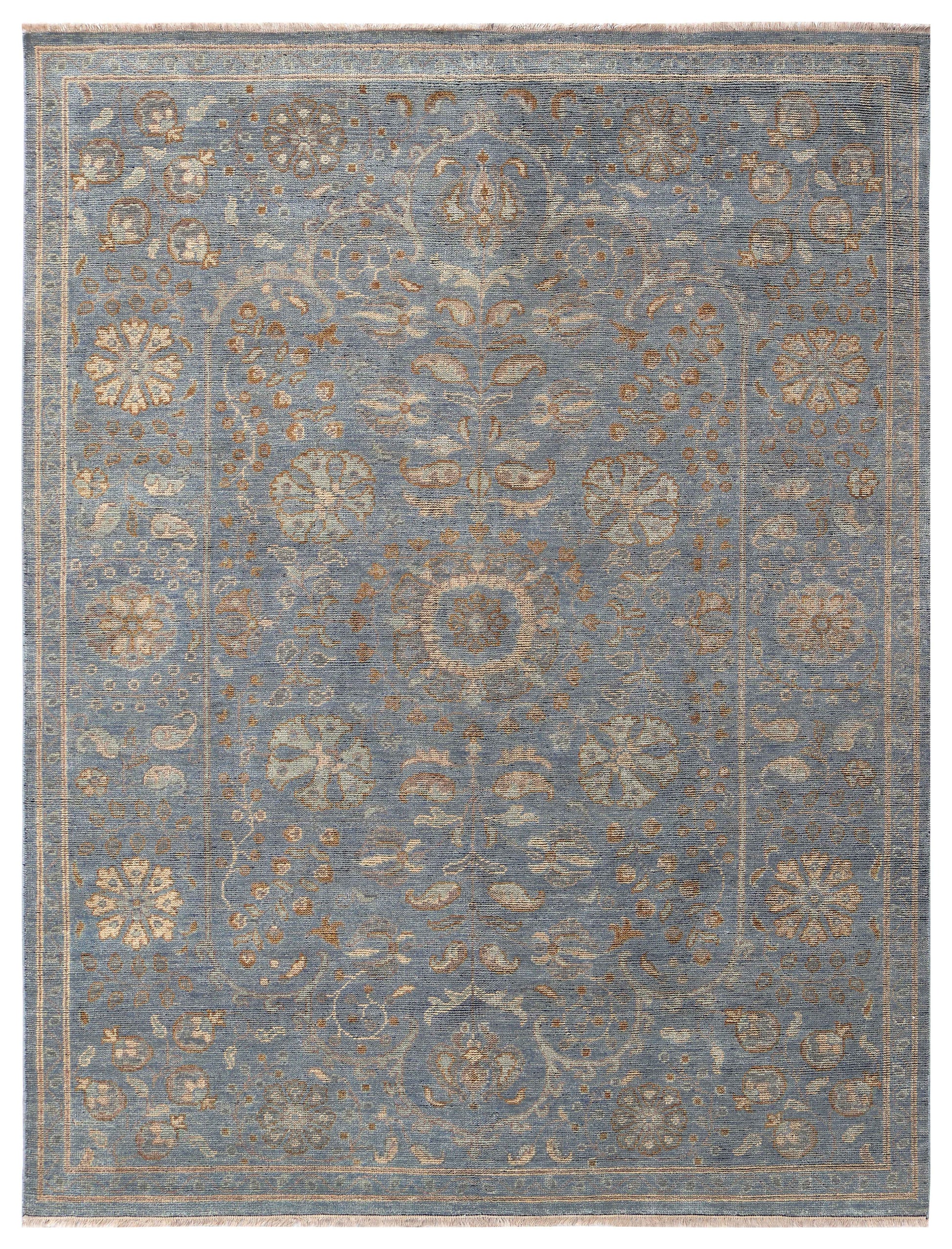 Slate Blue Denim Ivory Gold Taupe Mughal Floral Vine Hand Knotted Wool Silk 8x10 Bhadohi Area Rug
