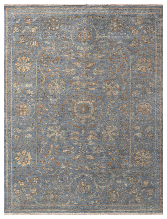 Slate Blue Denim Ivory Gold Taupe Mughal Floral Vine Hand Knotted Wool Silk 8x10 Bhadohi Area Rug