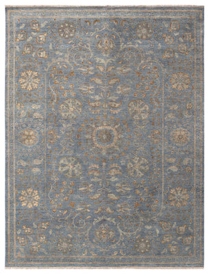 Slate Blue Denim Ivory Gold Taupe Mughal Floral Vine Hand Knotted Wool Silk 8x10 Bhadohi Area Rug