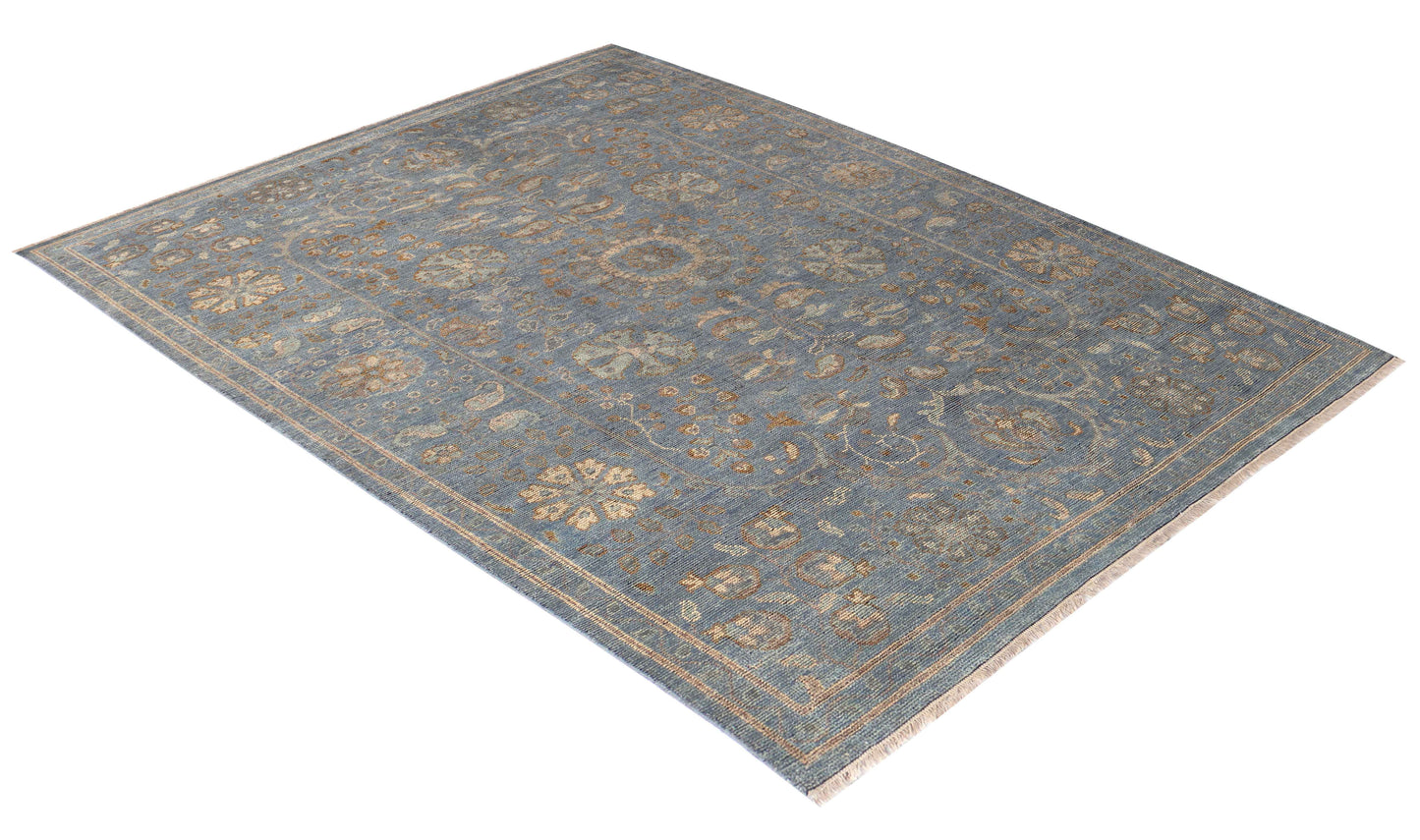 Slate Blue Denim Ivory Gold Taupe Mughal Floral Vine Hand Knotted Wool Silk 8x10 Bhadohi Area Rug