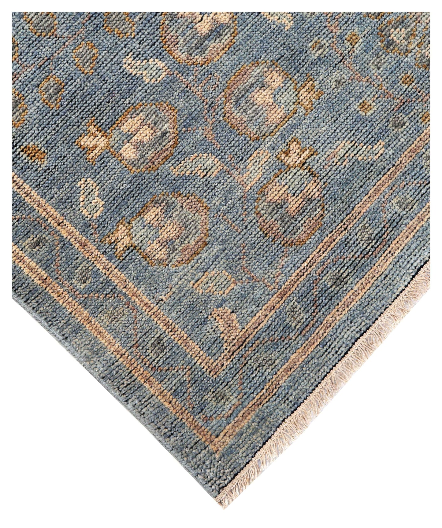 Slate Blue Denim Ivory Gold Taupe Mughal Floral Vine Hand Knotted Wool Silk 8x10 Bhadohi Area Rug