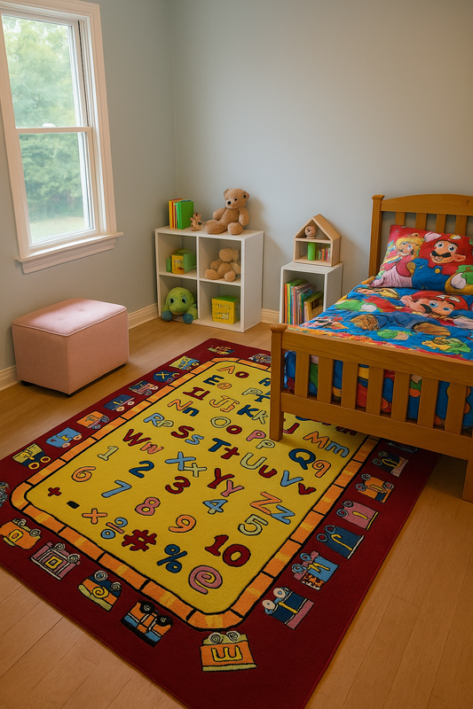 Educational ABC & 123 Kids Rug – Custom Gold & Maroon Hand-Tufted Alphabet Playmat for Learning