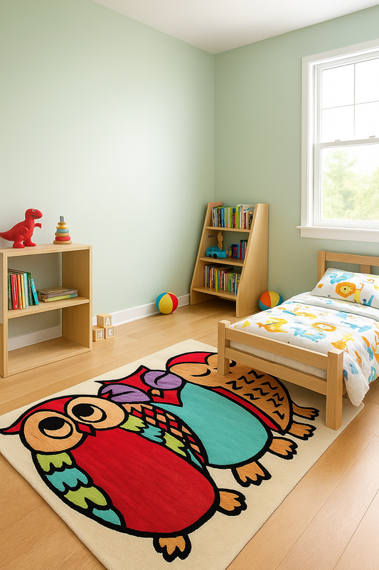 Hand-Tufted Beige Owl Kids Rug – Colorful Animal Theme Carpet for Nursery & Playroom