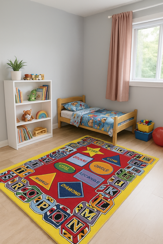 Educational Shapes & Alphabet Kids Rug – Custom Hand-Tufted Colorful Playroom Carpet for Learning Fun