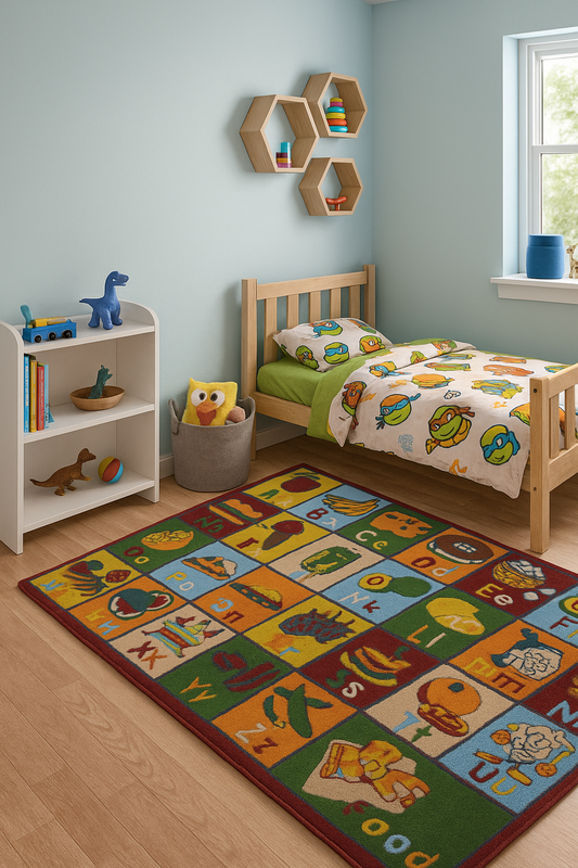 Colorful Hand-Tufted Kids' Food Alphabet Area Rug - Educational Fruits, Vegetables & Treats