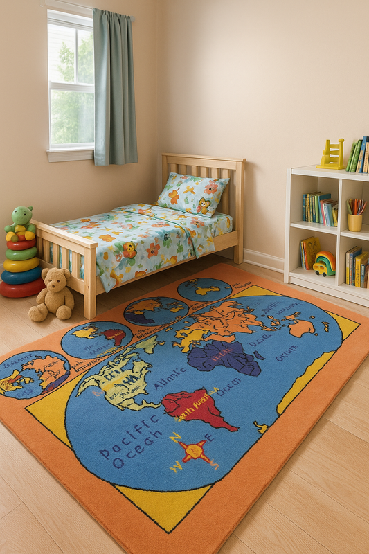 Explore the World! Kids' Educational World Map Peach and Blue Hand-Tufted wool Rug