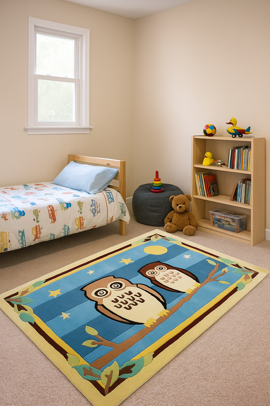 Cozy Comfort Blue Hand-Tufted Kids' Owl Rug for Nursery or Playroom